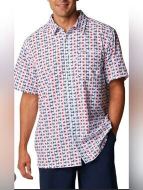 NWT Columbia Men's PFG Short Sleeve Shirt XL - Red White & Blue Fish Print